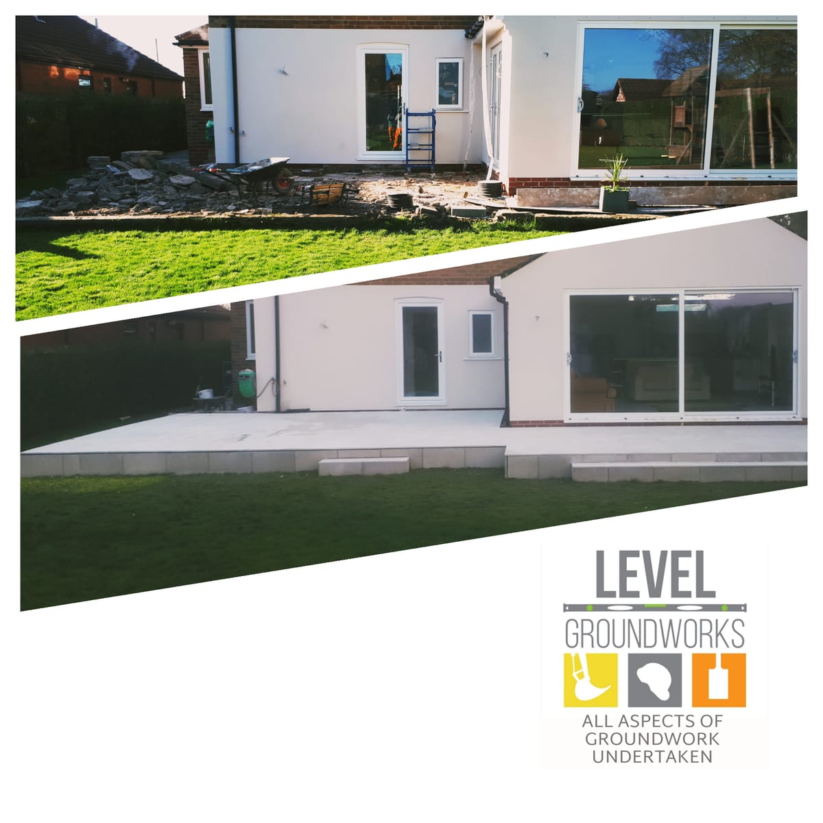Rear patio and step by Level Groundworks, from strip out to a clean level finish behind a rendered house